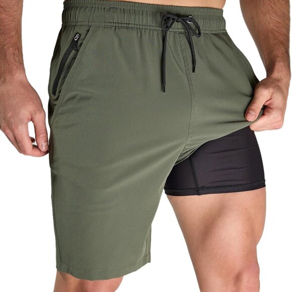 Men's Swim Trunks 9" Swim Shorts with Compression Liner and Zipper Pockets Quick
